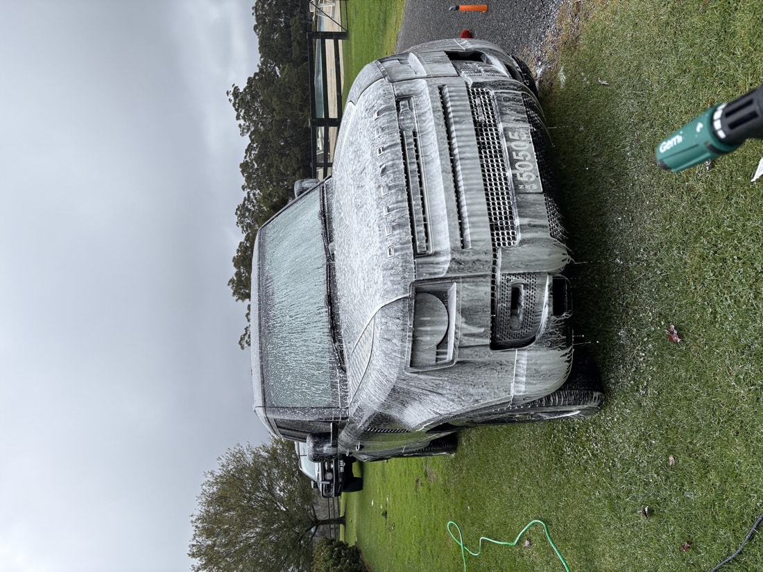 Land Rover Defender mid snow-foam wash